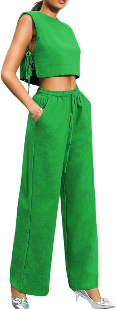 Kaei&Shi Casual Linen Two Piece Set Women,Sexy Drawstring High Waisted Wide Leg Pants,Sleeveless Crop Top,Summer Outfit