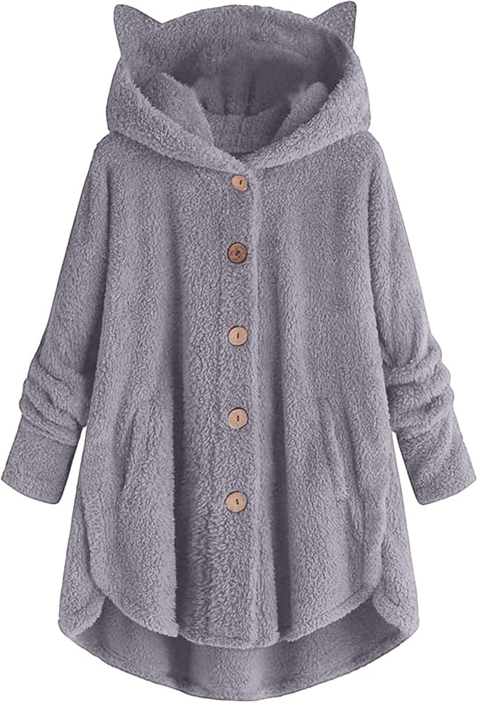 Women's Winter Coats Loose Plush Solid Color Single Breasted Pocket Hood Coat, S-5XL