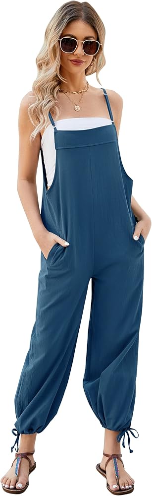 Kissonic Women's Cotton Linen Overalls Summer Loose Fit Adjustable Spaghetti Strap Jumpsuits with Pockets