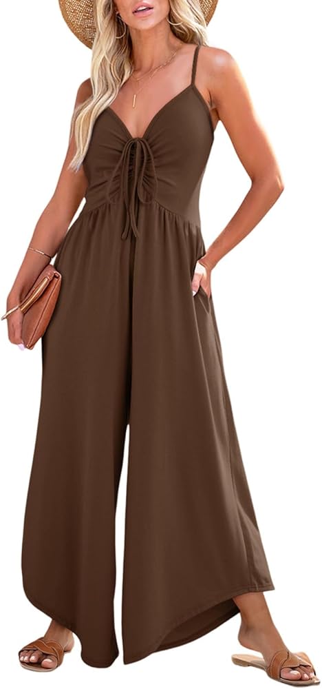 Dokotoo Womens Jumpsuits Spaghetti Straps Ruched Drawstring Knit Wide Leg Romper Casual Jumpsuits with Pockets