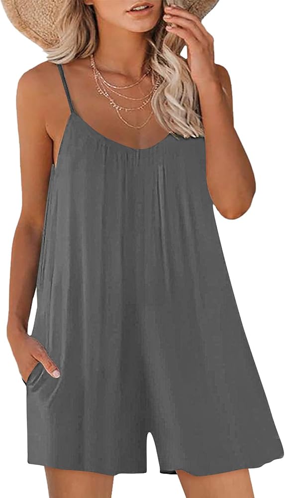 Womens 2024 Casual Sleeveless Adjustable Strap Loose Jumpsuits Stretchy Shorts Romper with Pockets