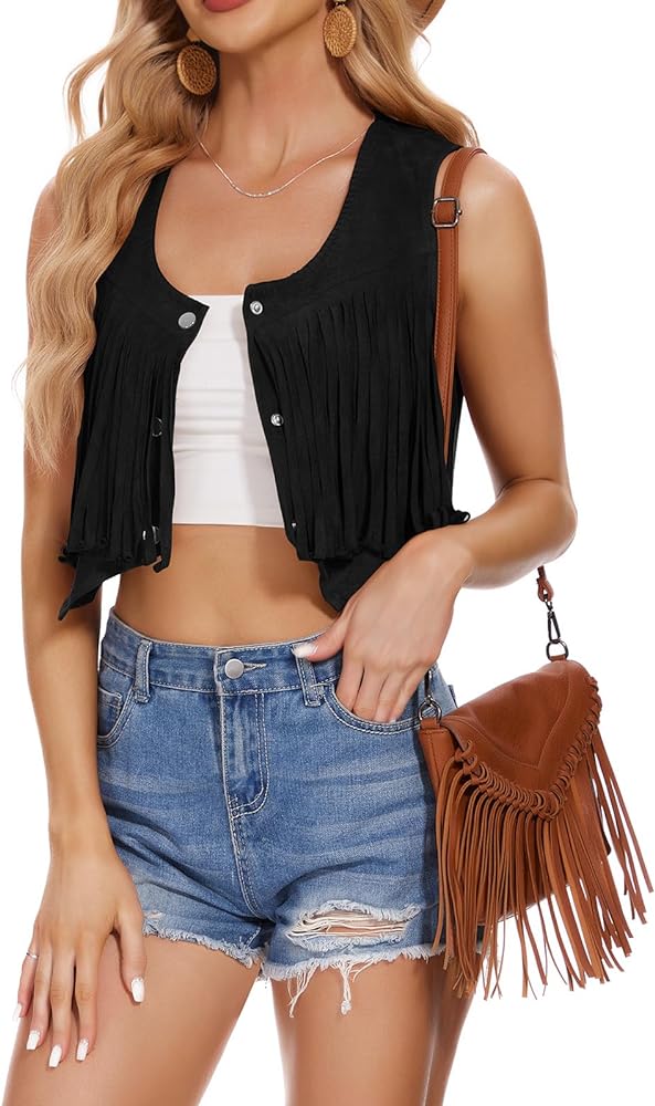 Women's Suede Fringe Trim Sleeveless Crop Vest Jacket Button Front Coat