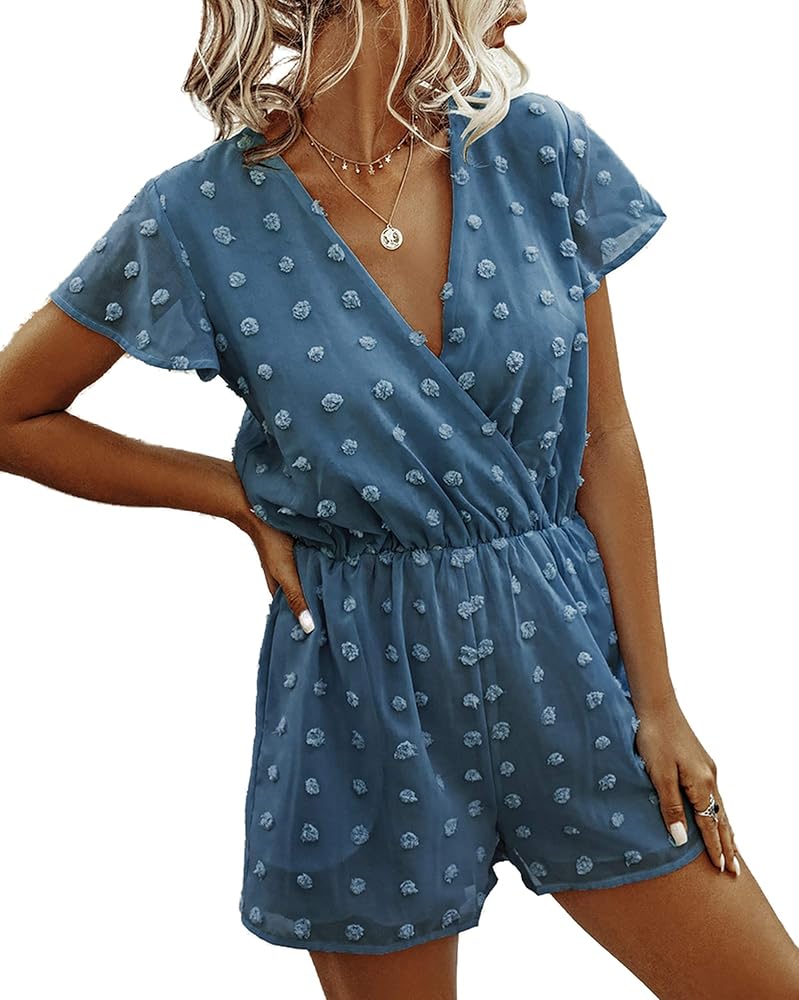 BTFBM Women 2024 Summer Fashion V Neck Wrap Rompers Swiss Dot Pocketed Elastic Waist Short Sleeve Beach Shorts Jumpsuit