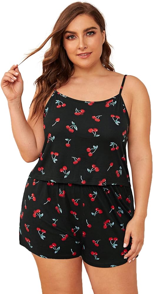 Floerns Women's Plus Size Cherry Print Cami Top and Shorts Pajama Sets