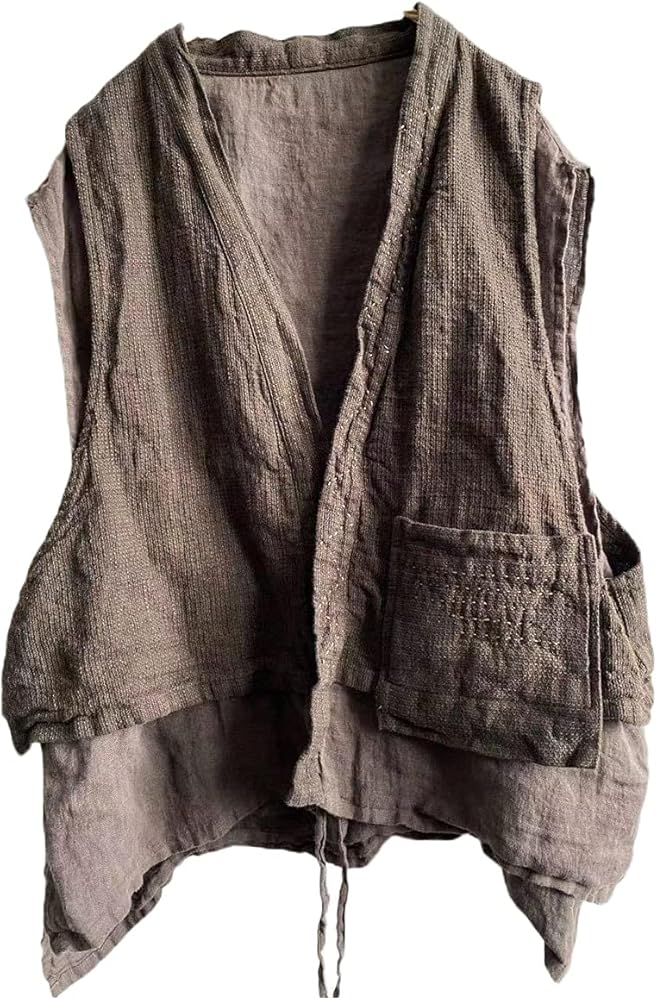 Women's Linen Vest Sleeveless Open Front Kimono Cardigan Hippie Vintage Waistcoat with Pockets