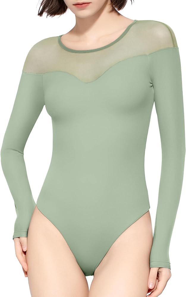 PUMIEY Mesh Bodysuit for Women Crew Neck Long Sleeve Body Suits Sexy Sheer Tops Smoke Cloud Pro Collection