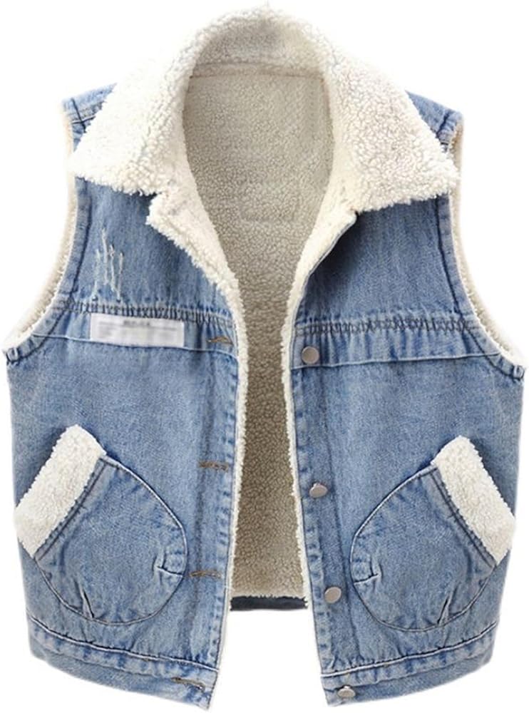 Womens Sherpa Fleece Lined Denim Vest Loose Casual Sleeveless Jean Vest Jacket Waistcoat Outwear Gilet with Pockets