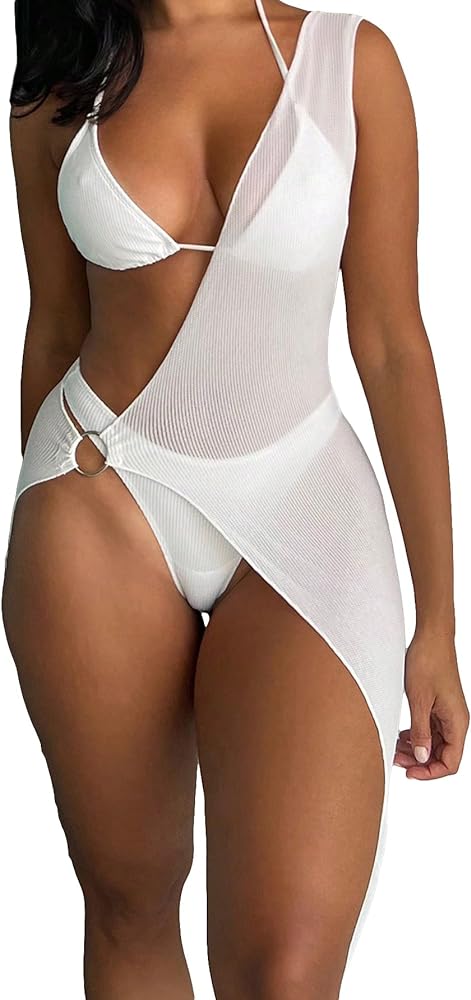 OYOANGLE Women's 3 Piece Triangle Halter Bikini Swimsuit with One Shoulder Beach Dress Cover Ups