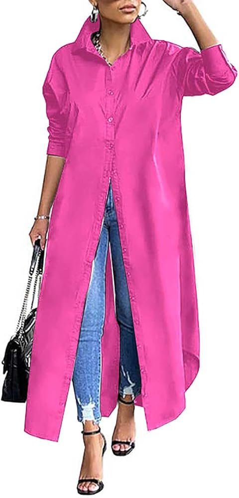 Long Shirt Dress Button Down Dress for Women Solid Color Maxi Dress Loose Fit Blouse Dress