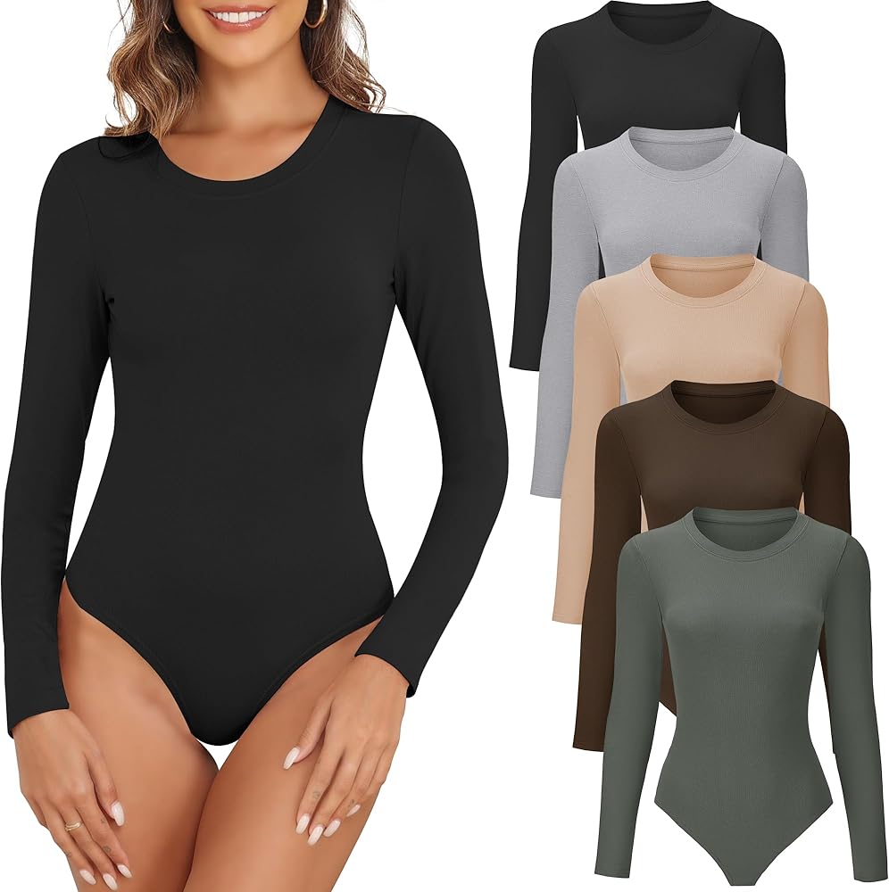 Women's 4/5 Pack Round Neck Long Sleeve Bodysuit Casual Basic Stretchy Crew Neck Bodysuit Tops