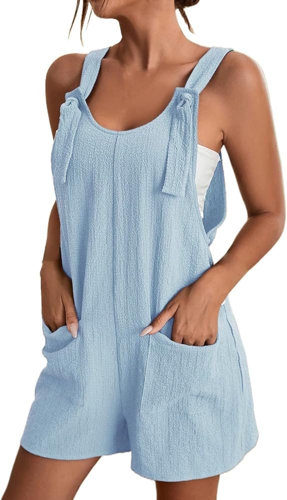 Petite Jumpsuits For Short Women Casual Adjustable Knot Straps Overalls Sleeveless Scoop Neck Rompers with Pockets