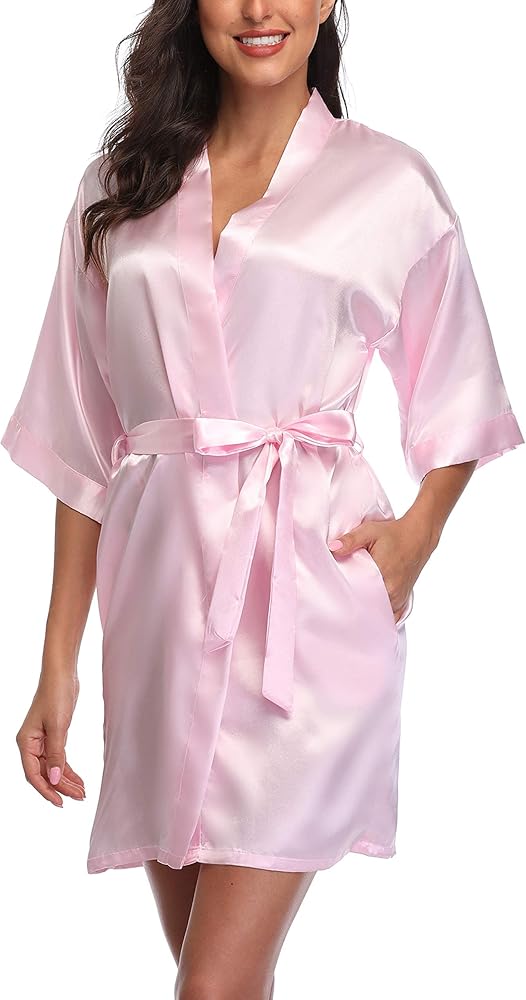 Women's Satin Robes Short Bridesmaid Getting Ready Robe Soft Sleepwear Kimono Bathrobe for Bridal Wedding Party