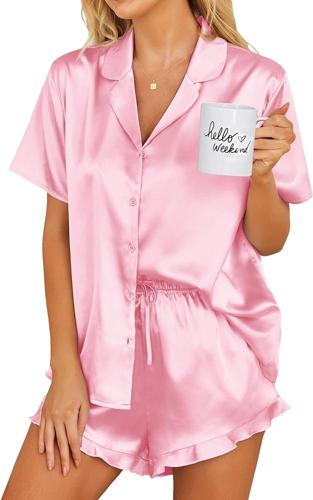 Ekouaer Womens Satin Pajamas Set Button Down 2 Piece Silk Pjs Shorts Set Ruffle Lingerie Notch Collar Sleepwear