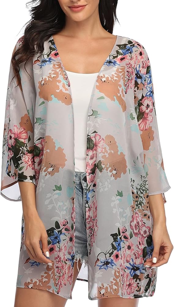 KirGiabo Women's Floral Print Kimonos Loose Tops Half Sleeve Shawl Chiffon Cardigan Blouses Casual Beach Cover Ups