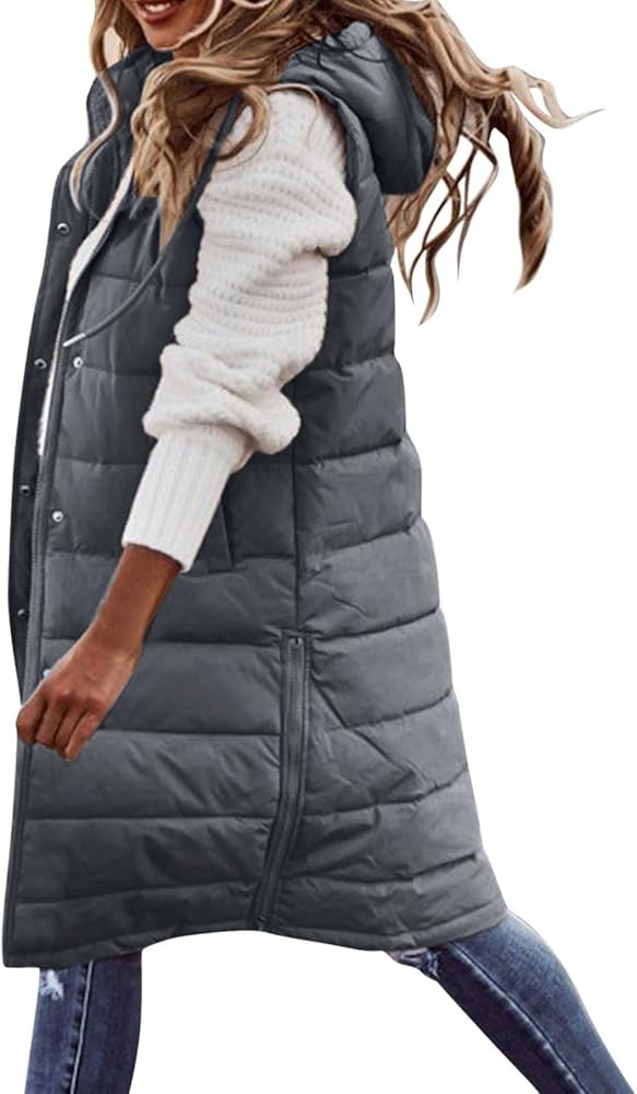 Long Puffer Vest for Women Padded Sleeveless Hooded Jackets Winter Warm Puffy Coats Outerwear Vests with Pockets