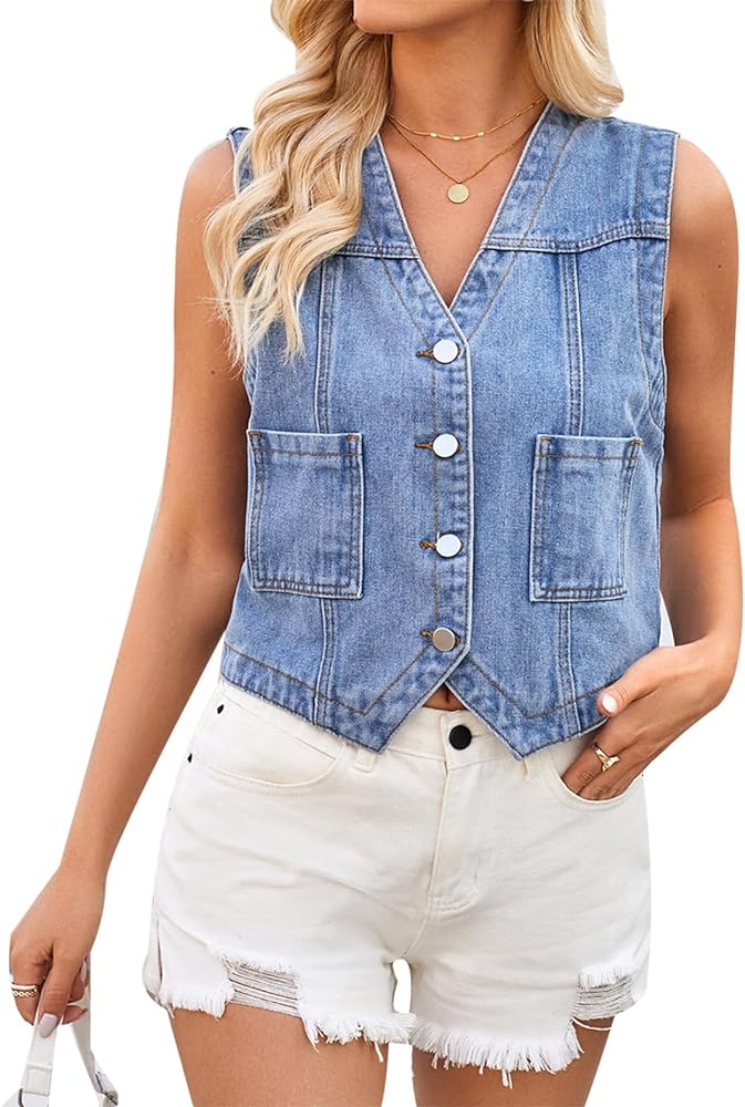 MINTLIMIT Womens Sleeveless Denim Vest V Neck Button Down Waistcoat Jacket Casual Cropped Jean Tops