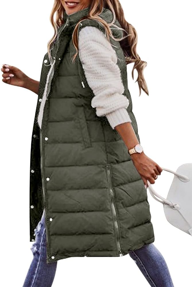 Ytfsrukp Oversized Long Down Vest for Women Outdoor Coats with Hood Long Puffer Vest Winter Coats Sleeveless Warm Jacket