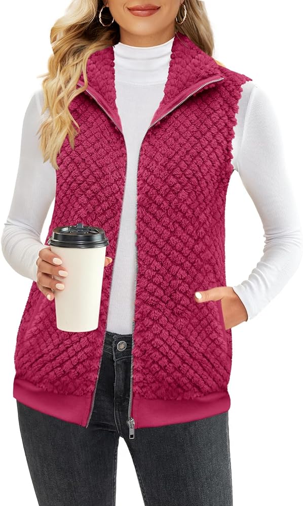 ReachMe Womens Sleeveless Fleece Vest with Pockets Fuzzy Sherpa Vest Fluffy Zipper Jacket Warm Outerwear