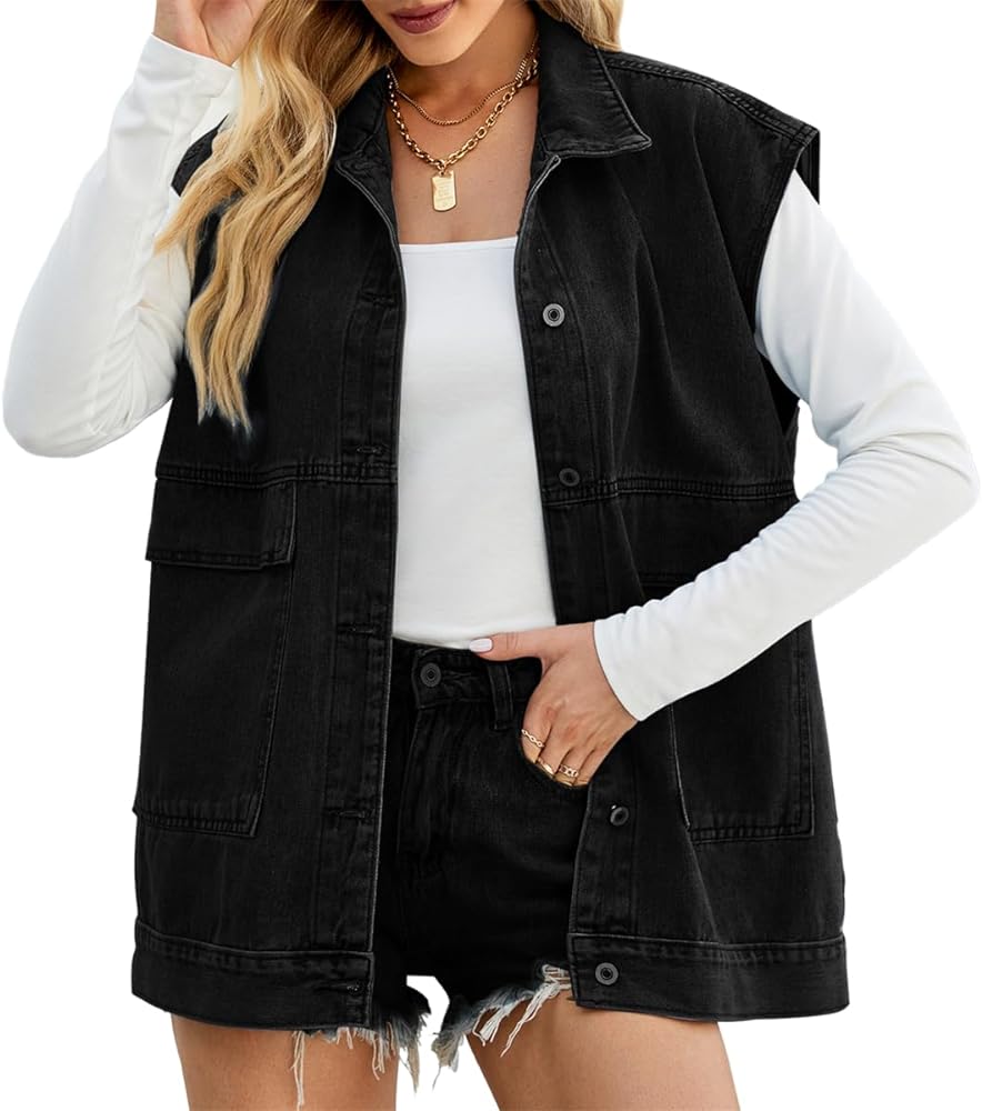 HOULENGS Women's Oversized Denim Vest Sleeveless Jean Jacket Button Down Lapel Denim Waistcoat with Pockets