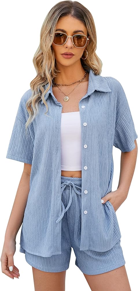 Kissonic Women 2 Piece Outfits for Summer Casual Button Down Pleated Shirts High Waisted Shorts with Pockets