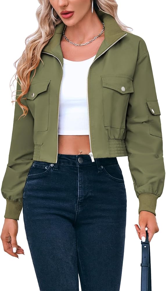 Fisoew Women's Cropped Bomber Jackets Lightweight Zip Up Stand Collar Long Sleeve Short Jacket with Pockets