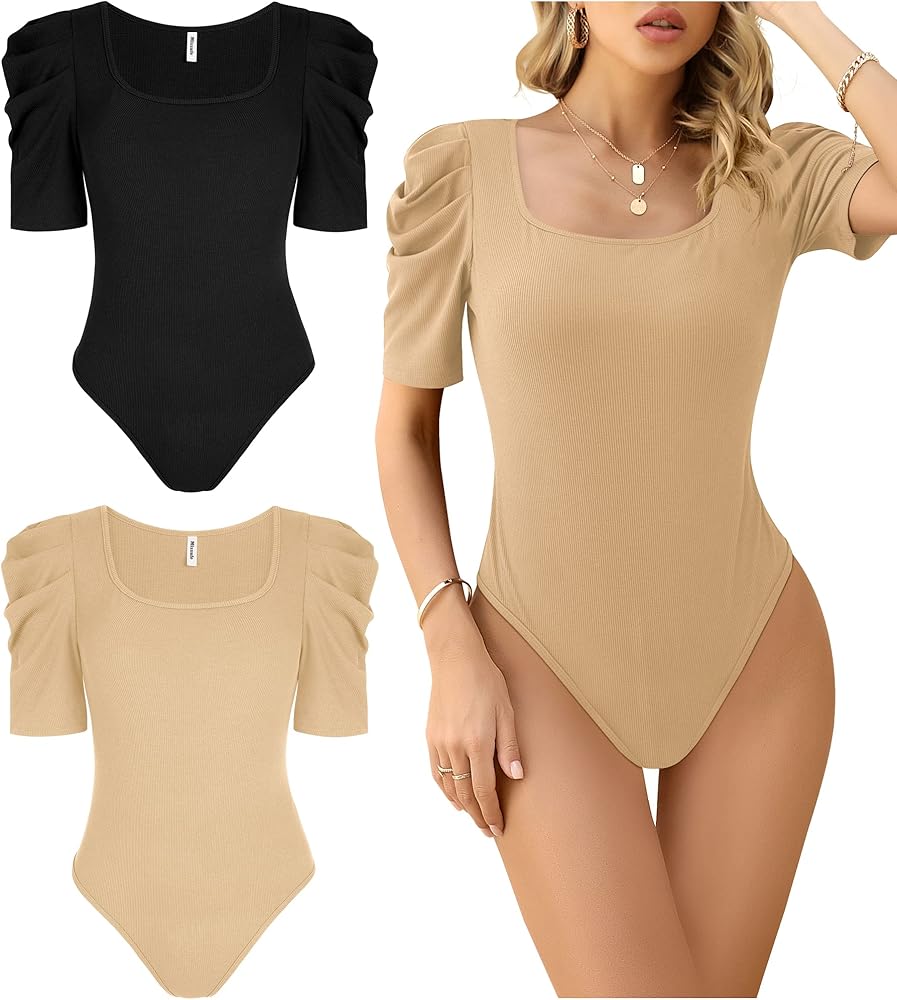 Missufe Women's 2 Piece Summer Puff Short Sleeve Square Neck Ribbed Fit Casual Bodysuit Tops