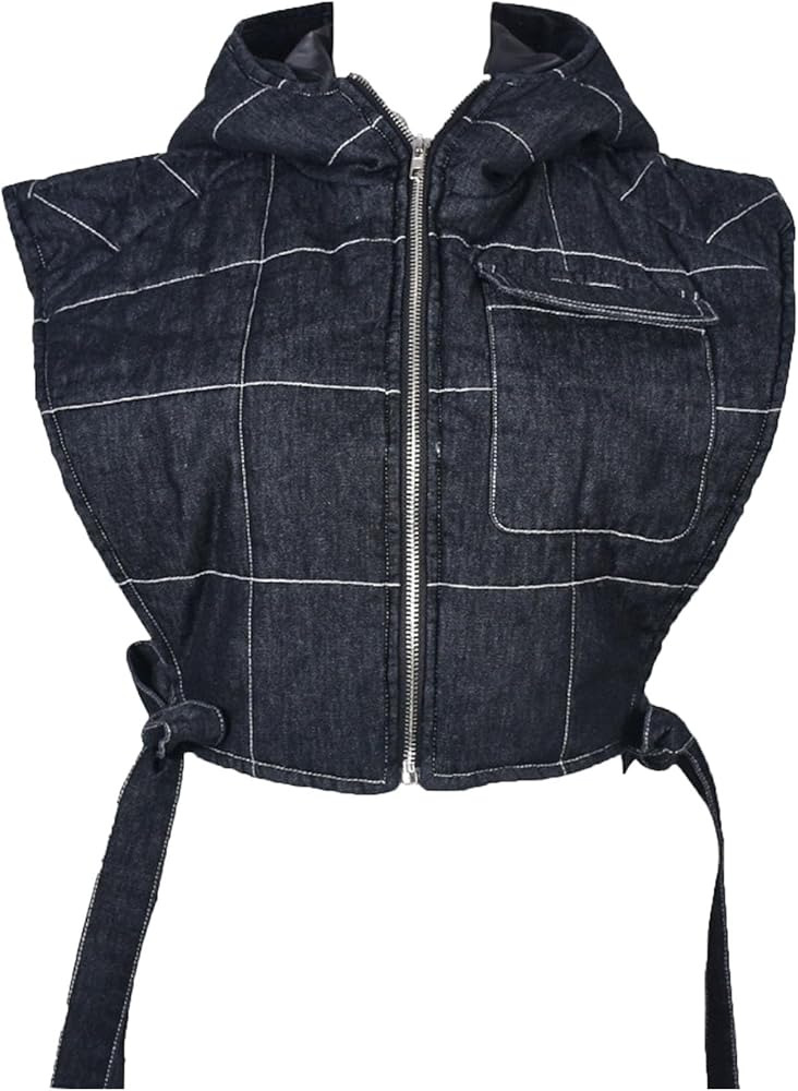 Women's Side Tie Jean Vest Jacket Sleeveless Zip Up Hooded Denim Coats Distressed Street Pocket Cotton Waistcoat