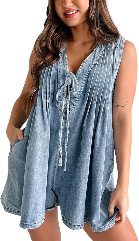 Women's Casual Sleeveless Tie Front Denim Romper V Neck Jean Shorts Jumpsuits Overall Loose Denim Outfits