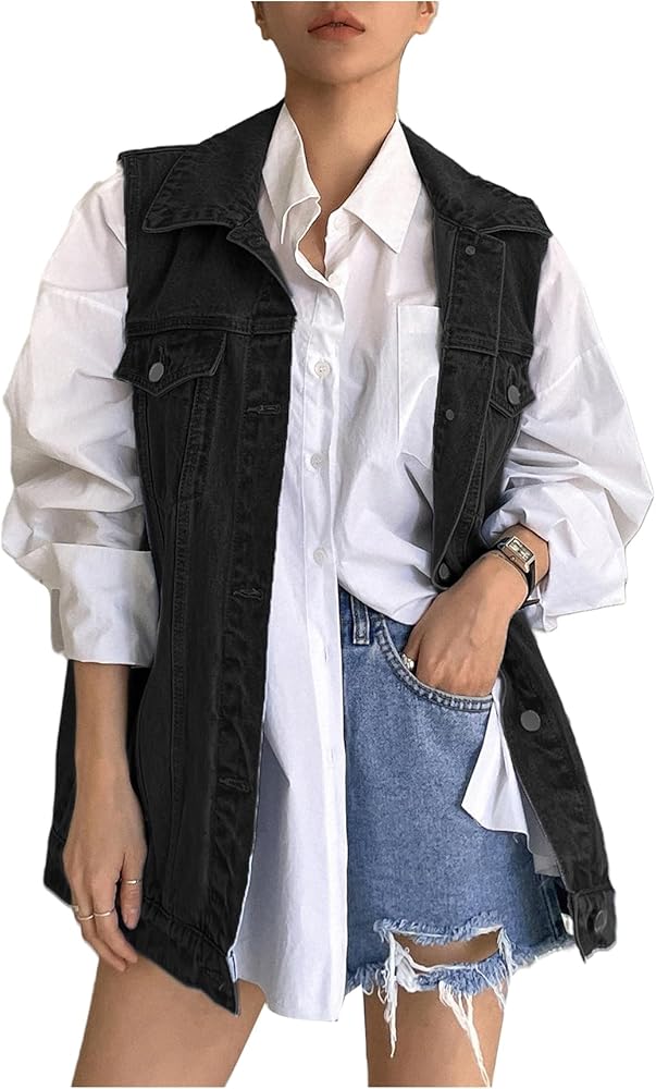 Verdusa Women's Single Breasted Collar Sleeveless Denim Vest Jacket Loose Jean Coat