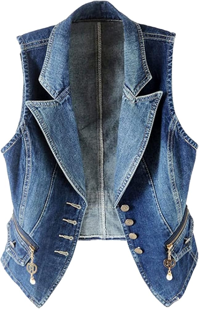 Women Denim Jacket Fall Vintage Button Distressed Short Jean Coat Sleeveless Vest Light Jacket for Juniors