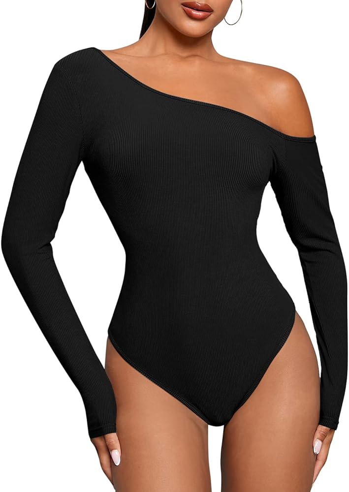 Women's Long Sleeve Sexy Off Shoulder Bodycon Bodysuit Asymmetrical Neck Leotard Jumpsuit Shirt Tops