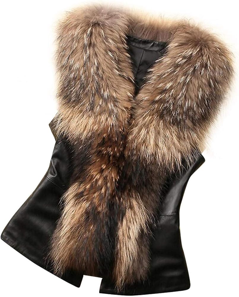 Faux Fur Coat Plus Size Women Faux Fur Vest Jacket Sleeveless Winter Waistcoat Faux Leather Vest with Fur Collar