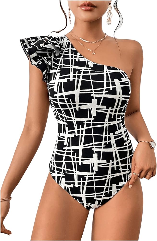 Women's One Shoulder Bodysuit Geometric Print Sleeveless Ruffle Trim Casual Bodysuits