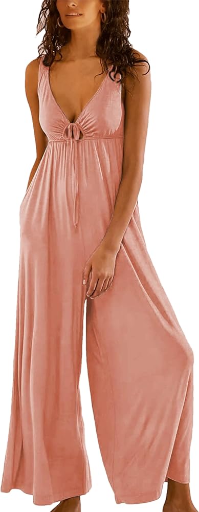 Women's Casual Loose Jumpsuits One Piece Sleeveless Wide Leg Long Pant Rompers With Pockets