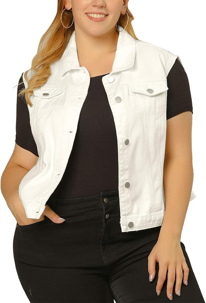 uxcell Women's Plus Size Buttons Denim Vest with Two Chest Flap Pockets Jackets