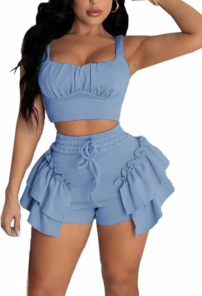 Women Sexy 2 Piece Club Bodycon Outfits Bra Crop Tops Ruffle Shorts Set