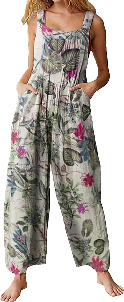 Himosyber Women's Patchwork Dual Pocket Jumpsuit Loose Floral Print Bohemian Wide Leg Bib Overall