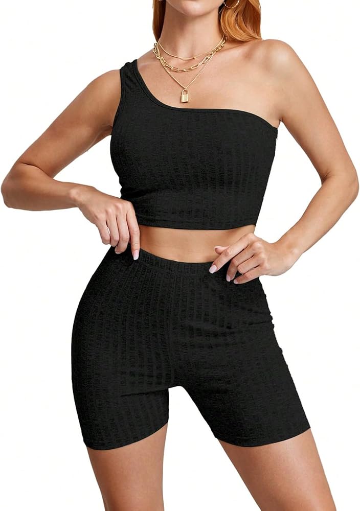 WDIRARA Women's 2 Piece Ribbed One Shoulder Crop Tank and Biker Shorts Summer Outfits Set