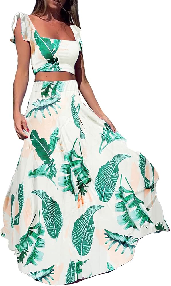 LKOUS Summer Long Flowy Dresses for Women, Casual Boho 2 Piece Spaghetti Strap Crop Tank + High Waist Swing Skirts