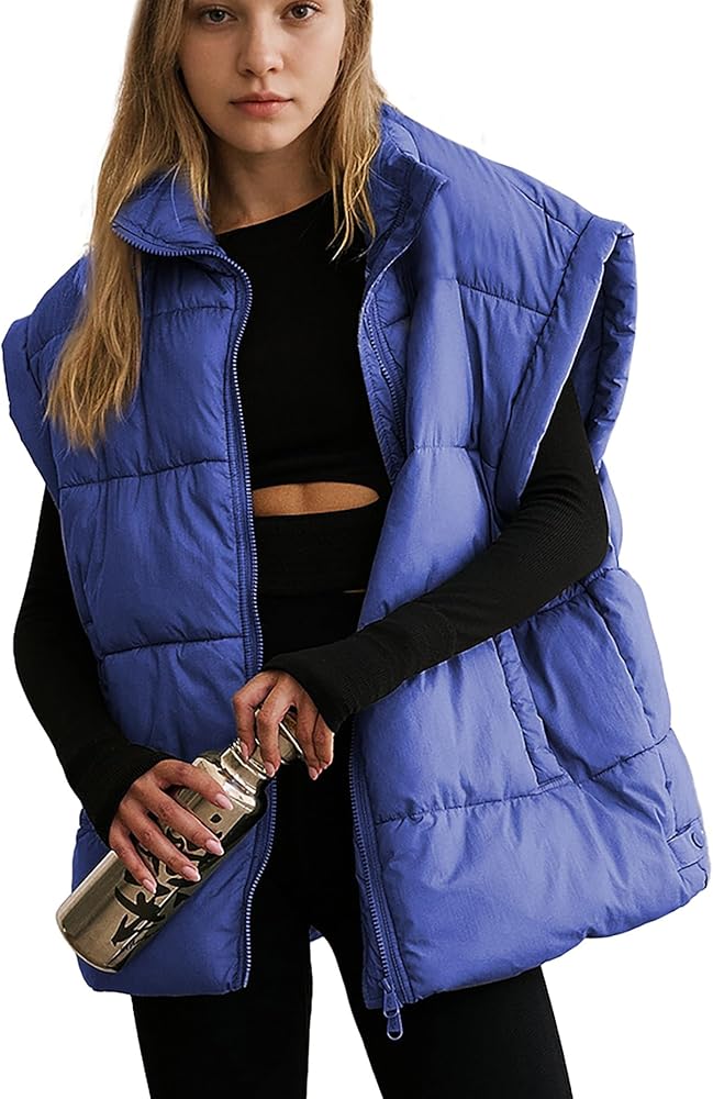 Womens Oversized Puffer Vest Sleeveless Puffy Jackets Coat Bubble Zip Outerwear Vests With Pockets