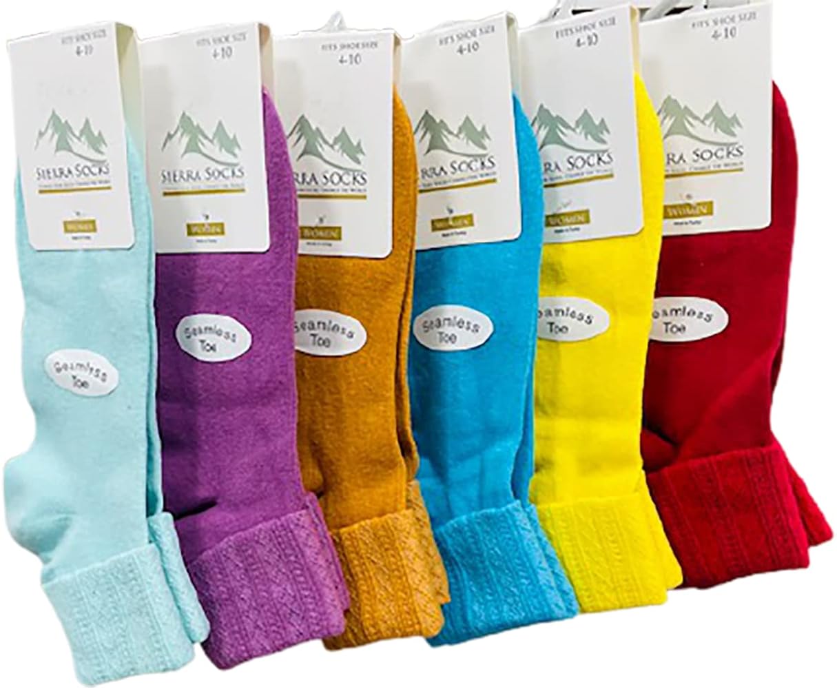 Women's Triple Cuff Crew Cotton Colorful 6-pack socks, Soft, Breathable & Seemless Toe socks for activewear