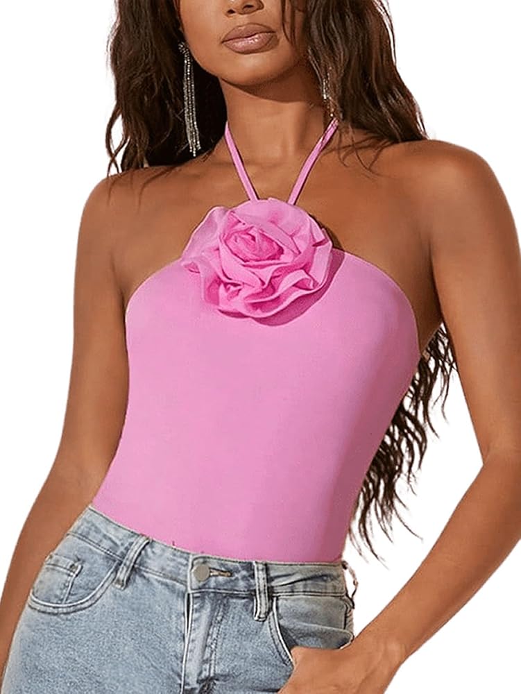 MakeMeChic Women's 3D Floral Applique Halter Sleeveless Backless Slim Fitted Bodysuit Shirt Tops