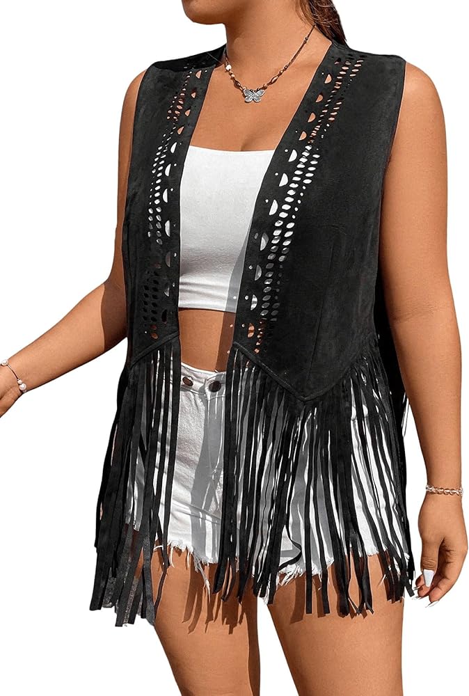 Floerns Women's Plus Size Open Front Sleeveless Fringe Hem Vest Jacket