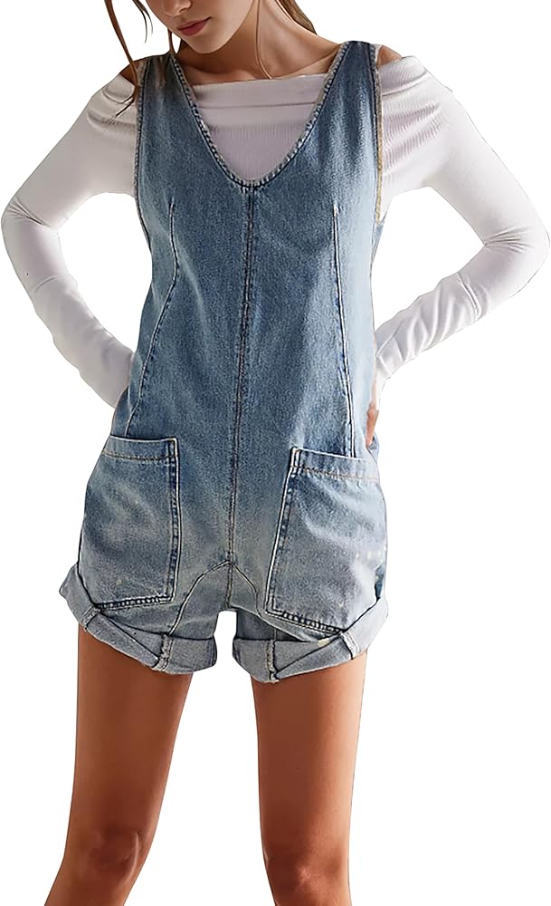 Denim Romper for Women Sleeveless Jean Short Overalls Adjustable Straps Casual Jumpsuit Shortalls with Pockets