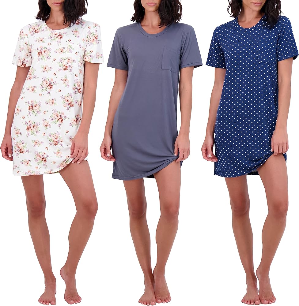 Real Essentials 3 Pack: Women's Nightshirt Short Sleeve Soft Nightgown Sleep Dress With Pocket (Available In Plus Size)