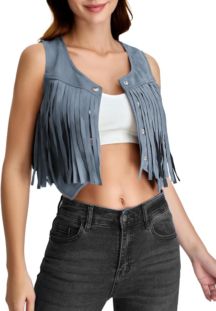 Verdusa Women's Tassel Suede Vest Sleeveless Fringe Hippie Crop Jacket