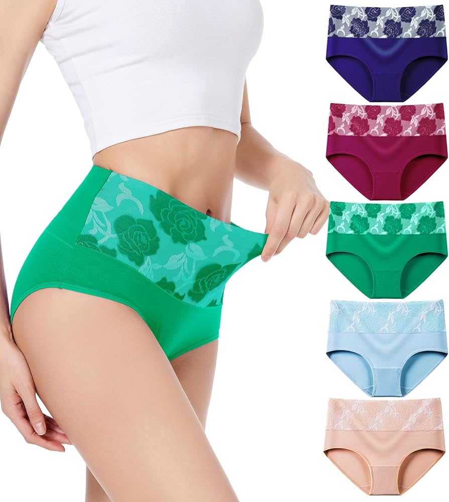 HAVVIS Women's Briefs Underwear Cotton High Waist Tummy Control Panties Rose Jacquard Ladies Panty Multipack