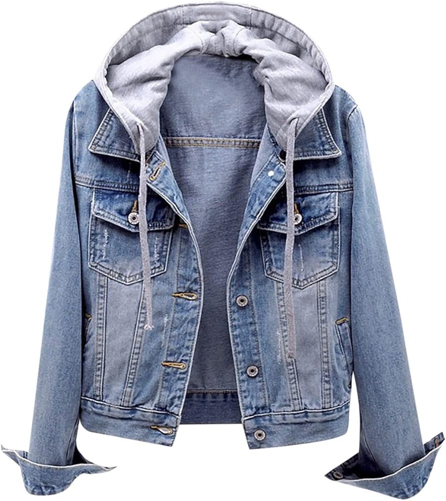 Women Denim Jacket with Hood Jean Coats Fashion Hoodies Button Down Long Sleeve Cute Outerwear Jacket