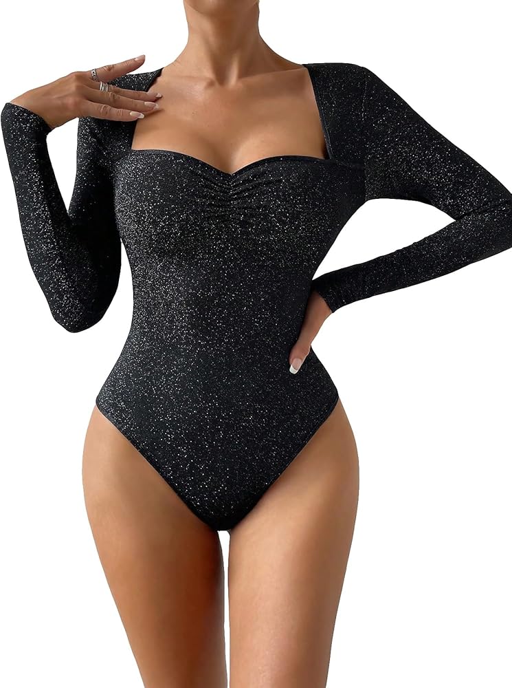 Floerns Women's Sparkly Long Sleeve Bodysuit Tops Ruched Sweetheart Neck Leotard Bodysuits