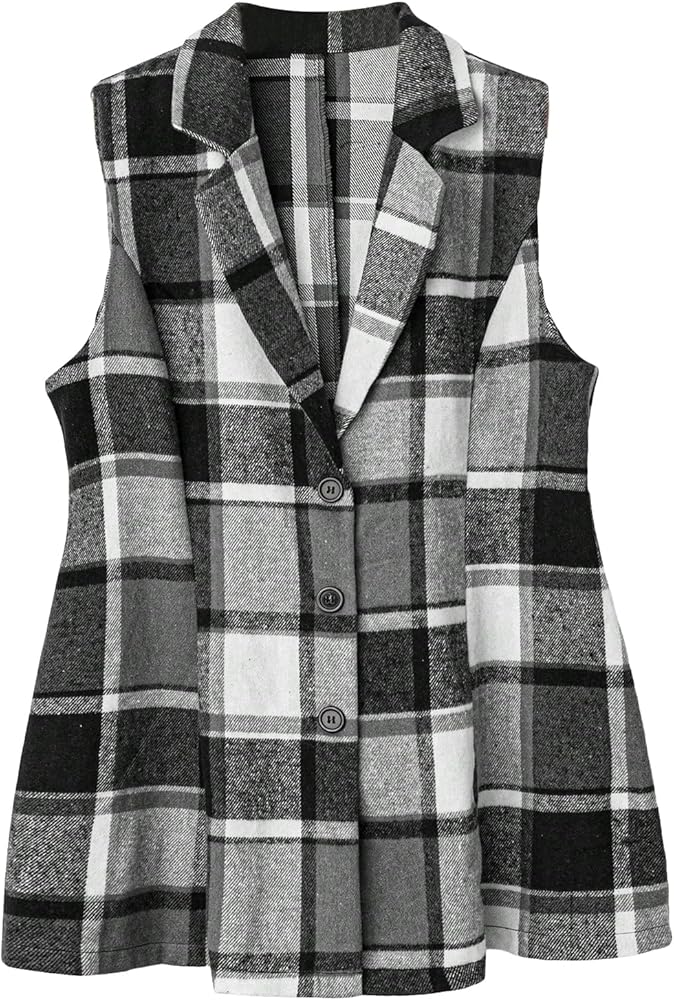 MakeMeChic Women's Plus Size Plaid Vest Coat Sleeveless Button Down Lapel Vest Jacket Outerwear